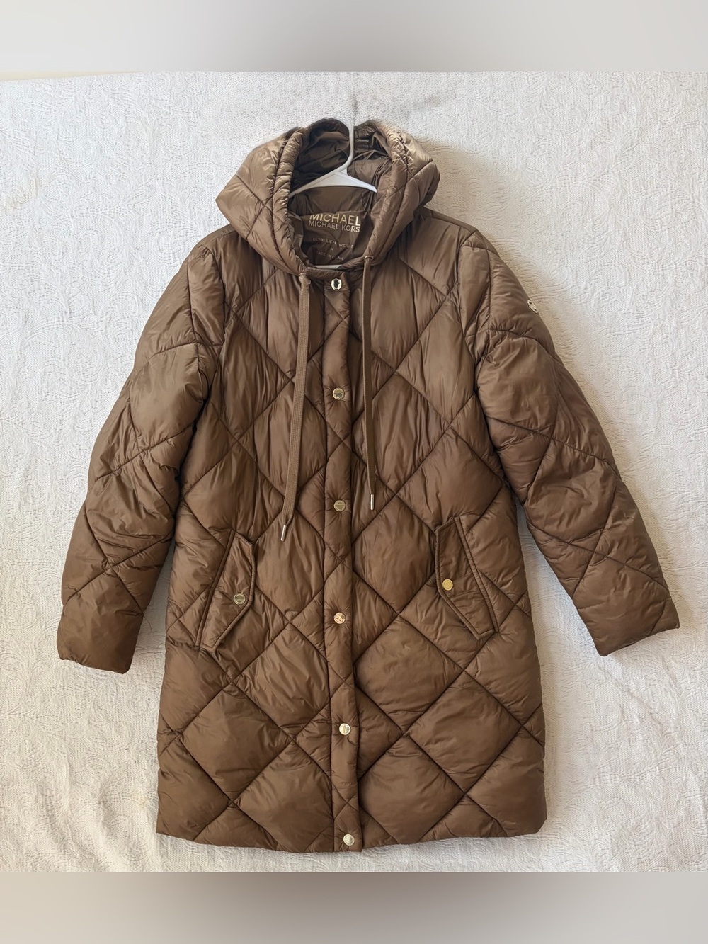 MICHAEL KORS Quilted Puffer Long Jacket  Ultra Light Women's Medium  Husk Brown